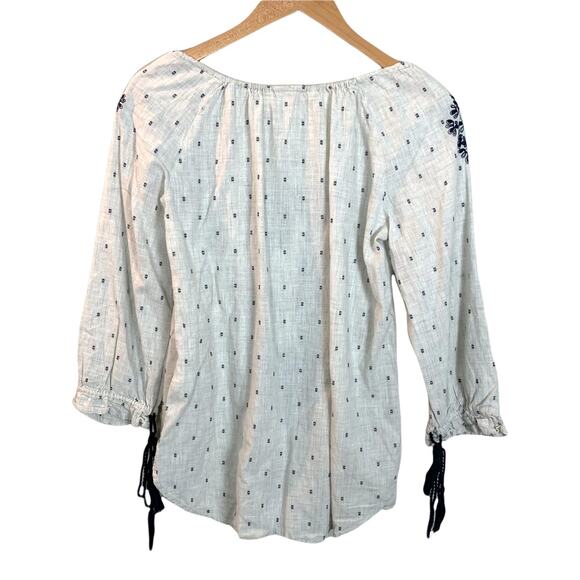 Zara Basic Boho Tunic Top Blouse Oatmeal Navy Blue Embroider Tassel Bib XS - Picture 3 of 8
